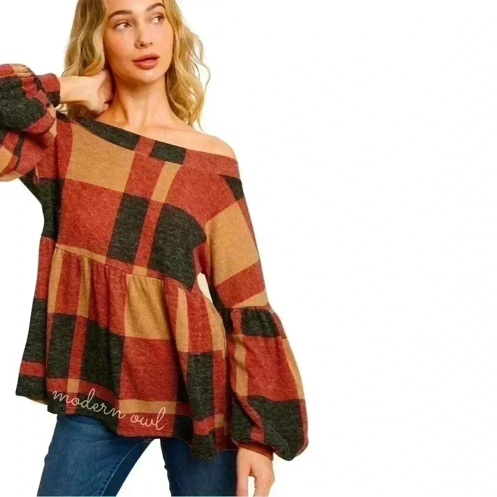 Brushed Knit Plaid Babydoll Top